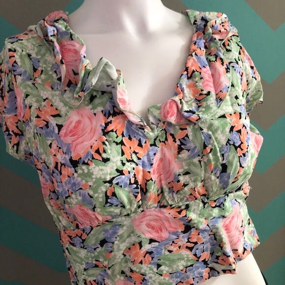 Zara Floral Green & Pink Blouse Elasticated Top Small - Picture 2 of 8